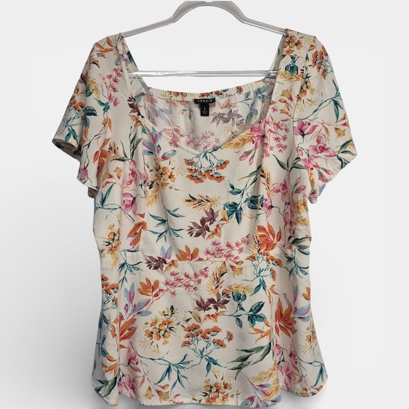 torrid Tops - Torrid Womens Size 2 Floral Square Neck Flutter Sleeve Blouse Cream Orange Rayon